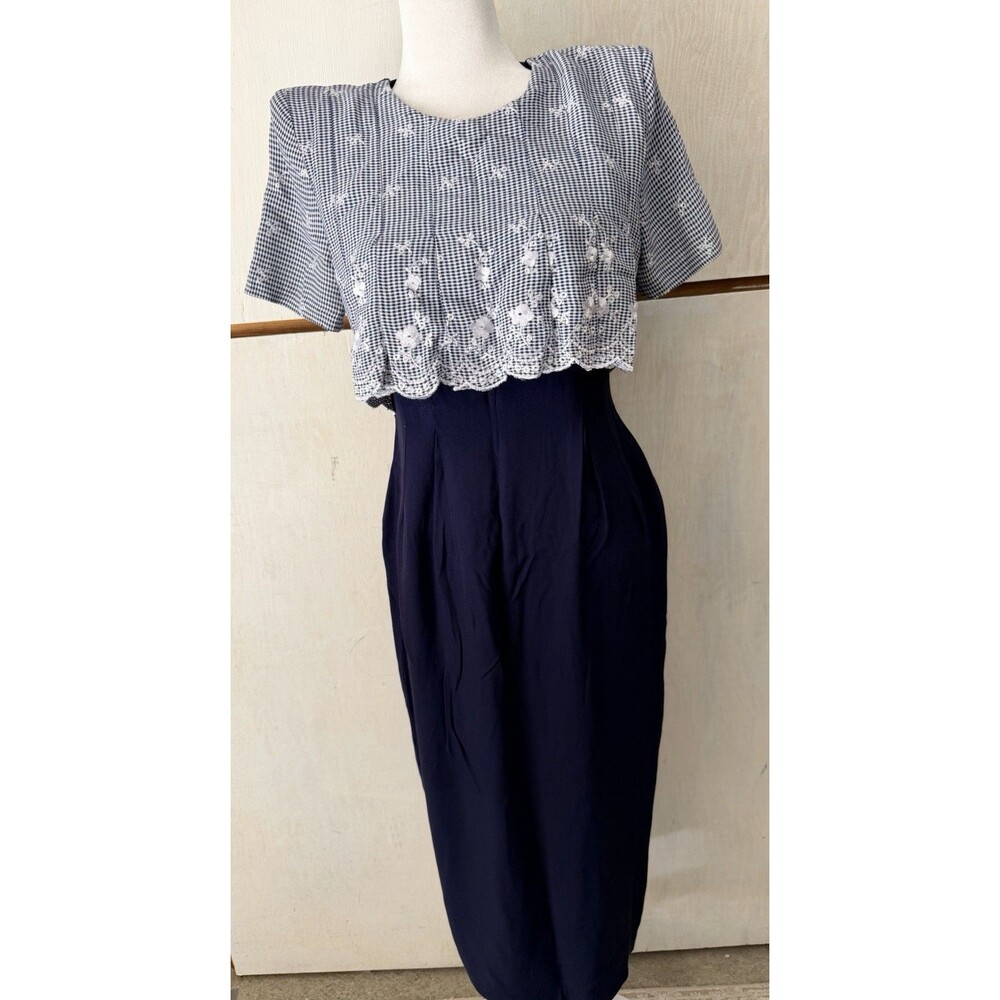 Vintage Brioche California Navy Blue Lace Gingham Midi Dress Women 9/10
